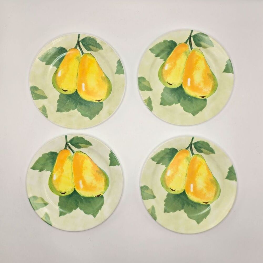 Corelle 4-Piece Round Glass Plate Set, Fruit Pear Pattern White/Yellow/Green